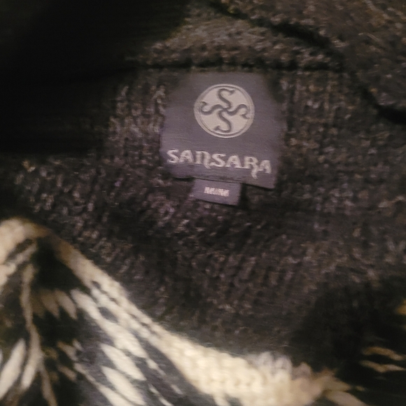 Sansara Black & White Wool Blend Fair Isle Cowichan Style Cardigan M - Picture 7 of 7